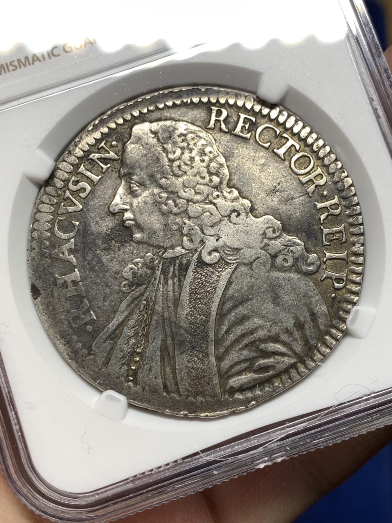 《竞宝斋》第474场 周日，周一 2场连拍 （全场包邮）欢迎送拍 NGC XFD 拉古萨共和国 1753年 1泰勒银币 少见头像