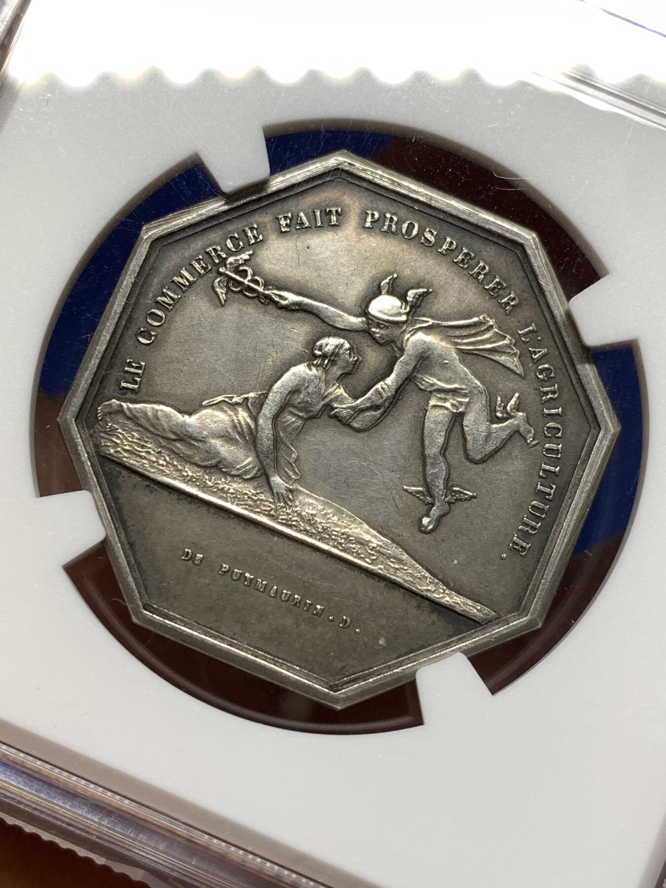 《竞宝斋》第474场 周日，周一 2场连拍 （全场包邮）欢迎送拍 NGC MS62 双面神八角银质代币，丰饶角边铭，“商业促进繁荣”，热门品种。