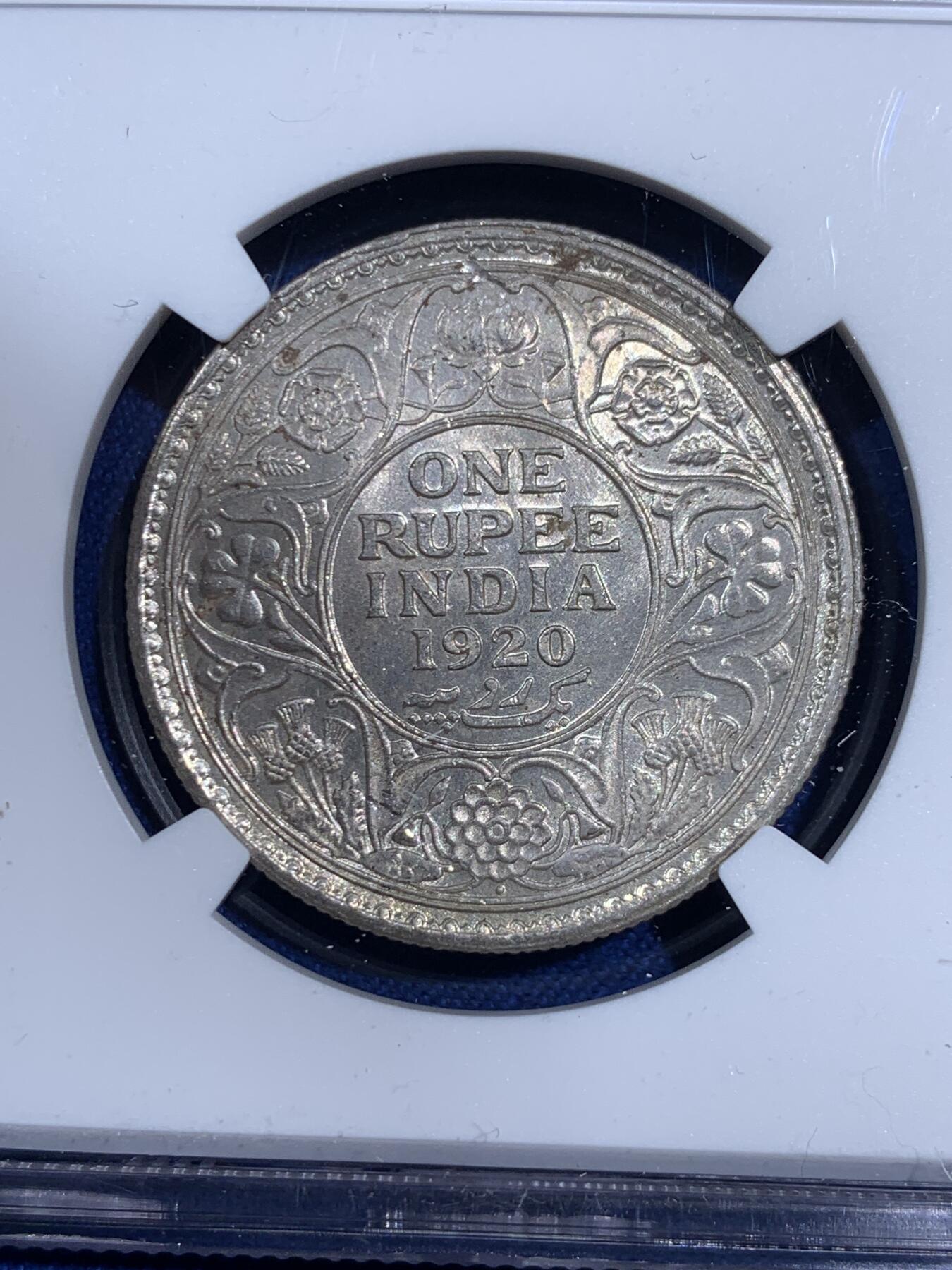 《竞宝斋》第474场 周日，周一 2场连拍 （全场包邮）欢迎送拍 NGC MS62 英属印度1920年乔治五世1卢比银币