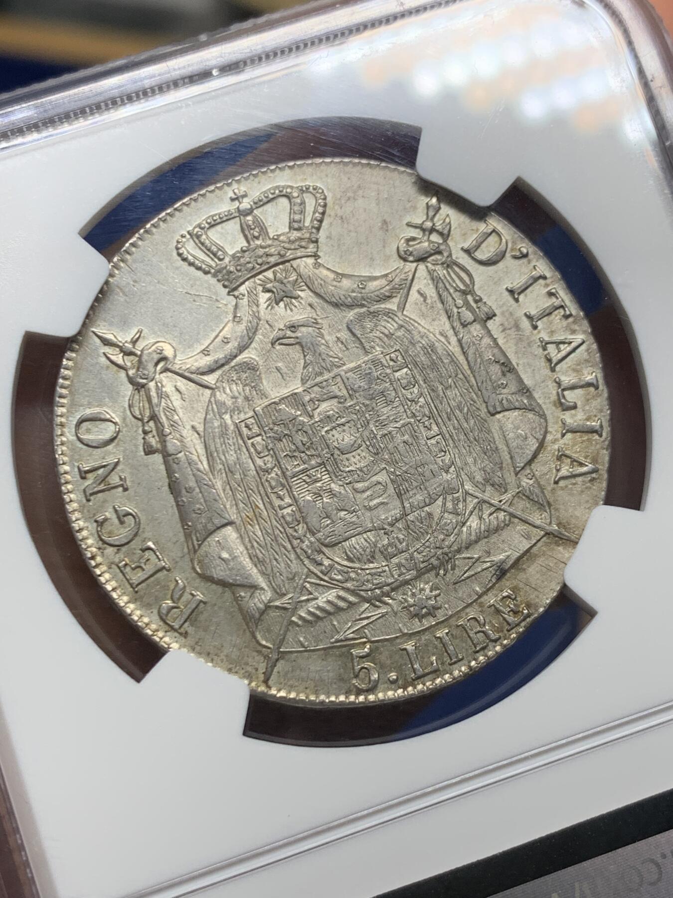 《竞宝斋》第474场 周日，周一 2场连拍 （全场包邮）欢迎送拍 NGC UNCD 拿破仑一世1810年意大利王国5里拉银币