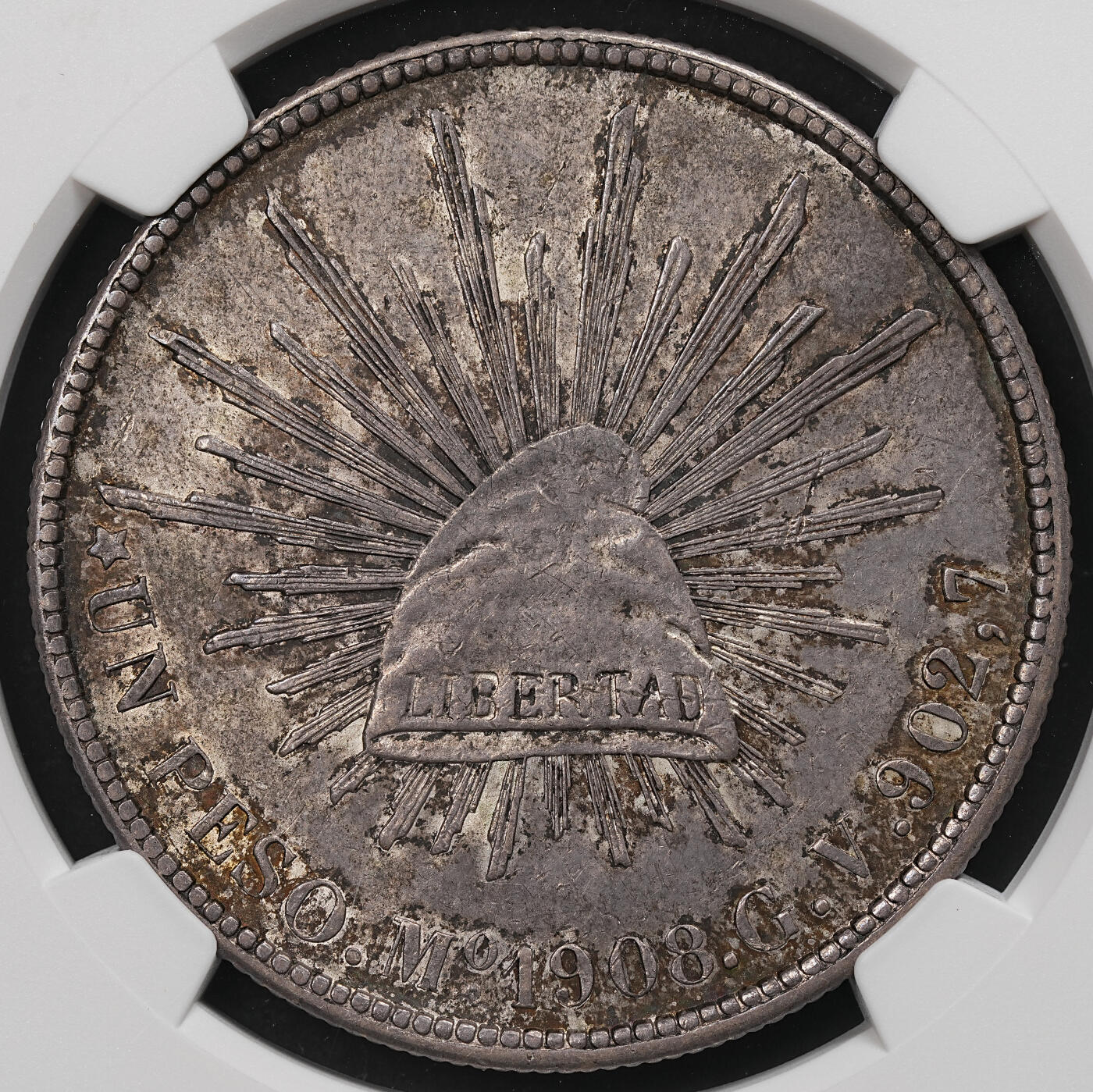 修遠堂世界钱币第109期 NGC AU55 1908年墨西哥直边鹰洋，厚重纸袋包浆