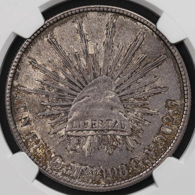修遠堂世界钱币第109期 - NGC AU55 1908年墨西哥直边鹰洋，厚重纸袋包浆
