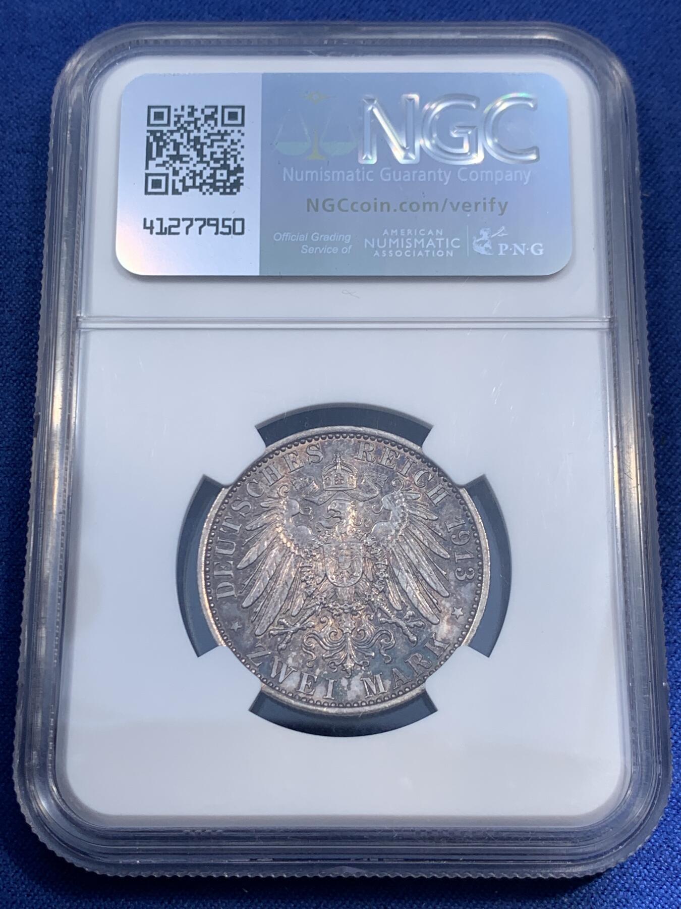 《竞宝斋》第474场 周日，周一 2场连拍 （全场包邮）欢迎送拍 NGC MS64 德国1913年普鲁士威廉二世执政25周年纪念2马克银币 高分