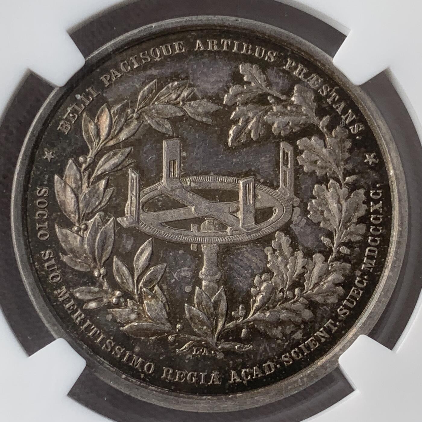 掌中浮雕-藏着的欧洲第056场 NGC MS62 : 1890年瑞典（瑞典医生卡尔·弗雷德里克·阿克雷尔）医学银章，31mm；L. Ahlborn雕刻