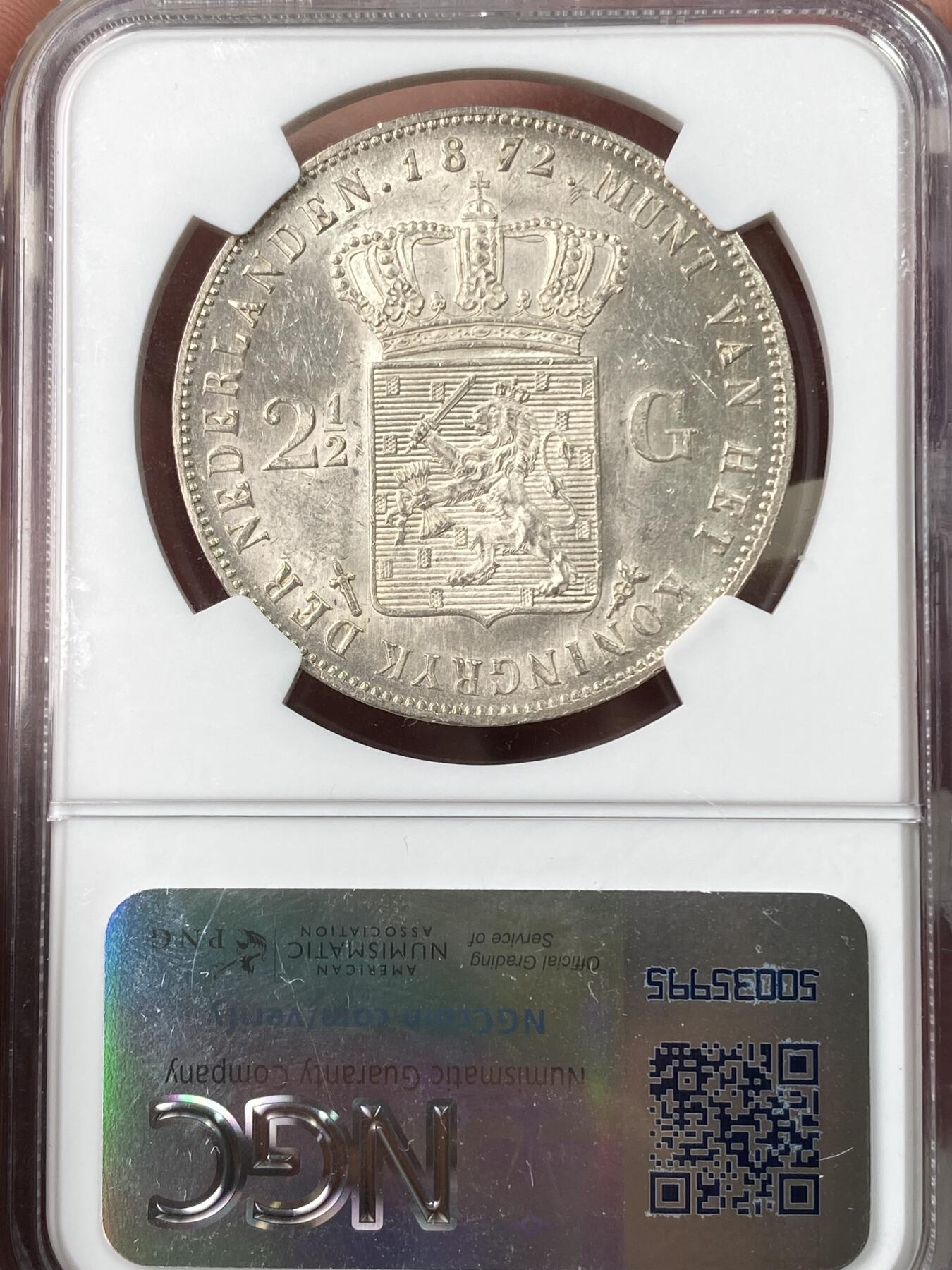 万国钱币拍卖第063期 NGC MS63 1872年荷兰王国威廉三世2.5盾大银 大量流通品种 好品难度不小 银霜转光收藏级