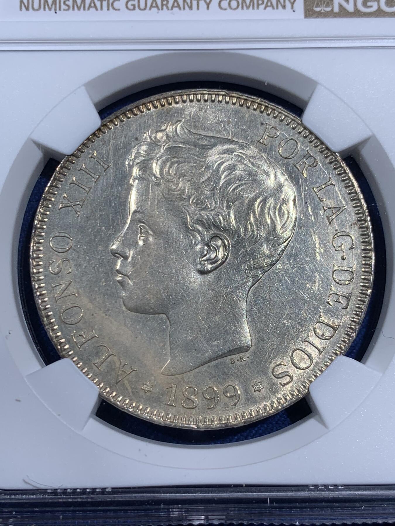 《竞宝斋》第474场 周日，周一 2场连拍 （全场包邮）欢迎送拍 NGC UNCD 西班牙1899年阿方索少年头5比塞塔银币