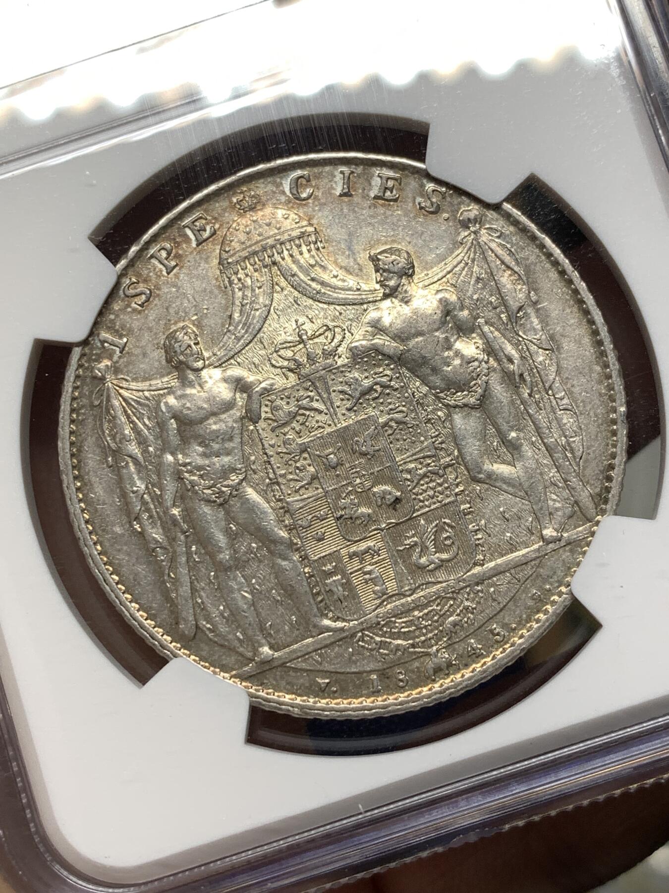 《竞宝斋》第474场 周日，周一 2场连拍 （全场包邮）欢迎送拍 NGC  AU58 丹麦 1845年 克里斯蒂安八世 1SD大银币 非常少见的品种