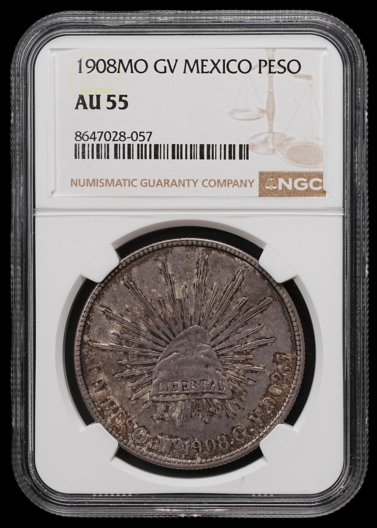 修遠堂世界钱币第109期 NGC AU55 1908年墨西哥直边鹰洋，厚重纸袋包浆