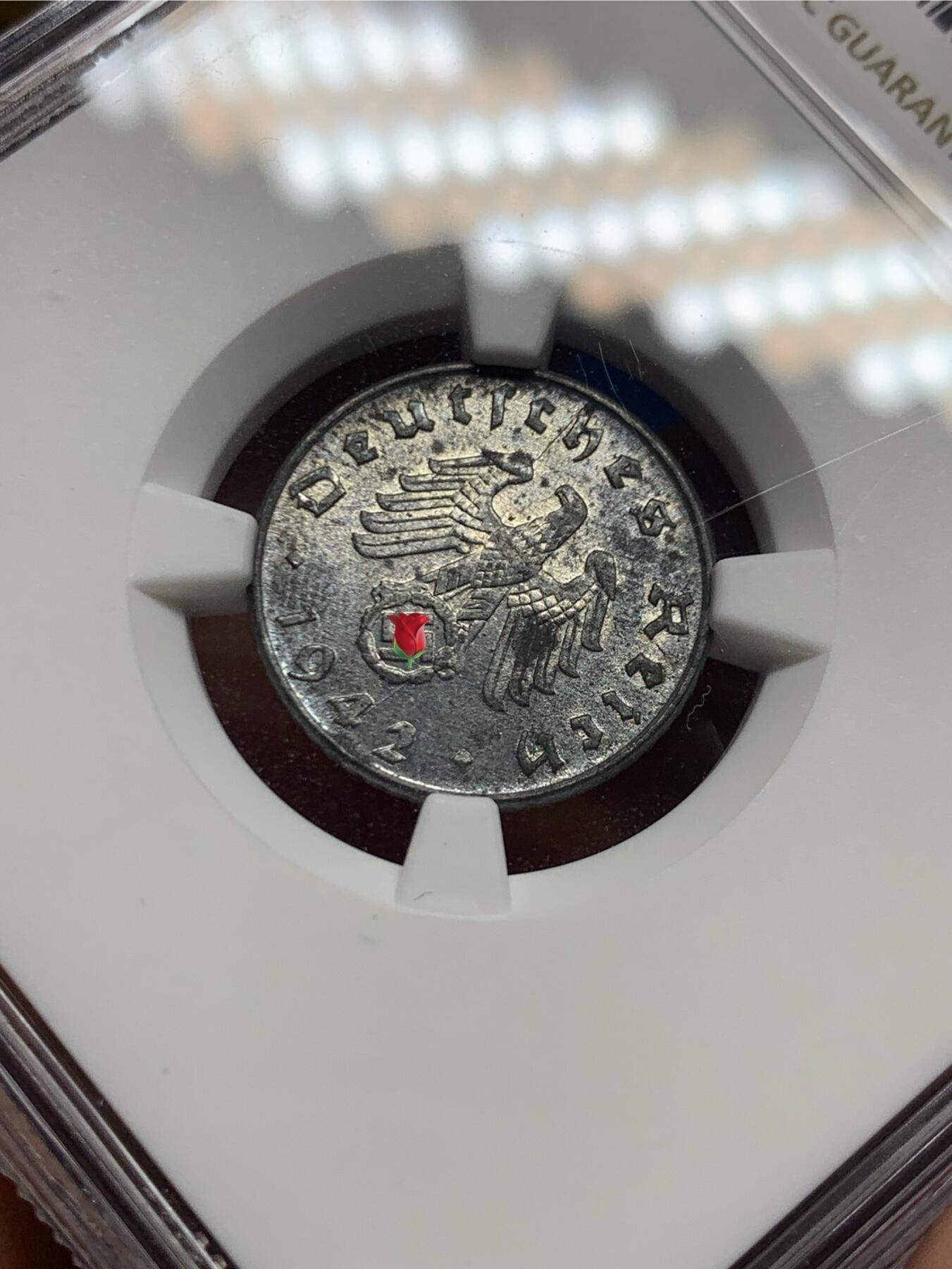 《竞宝斋》第474场 周日，周一 2场连拍 （全场包邮）欢迎送拍 NGC MS62 德国二战1942年D厂5芬尼