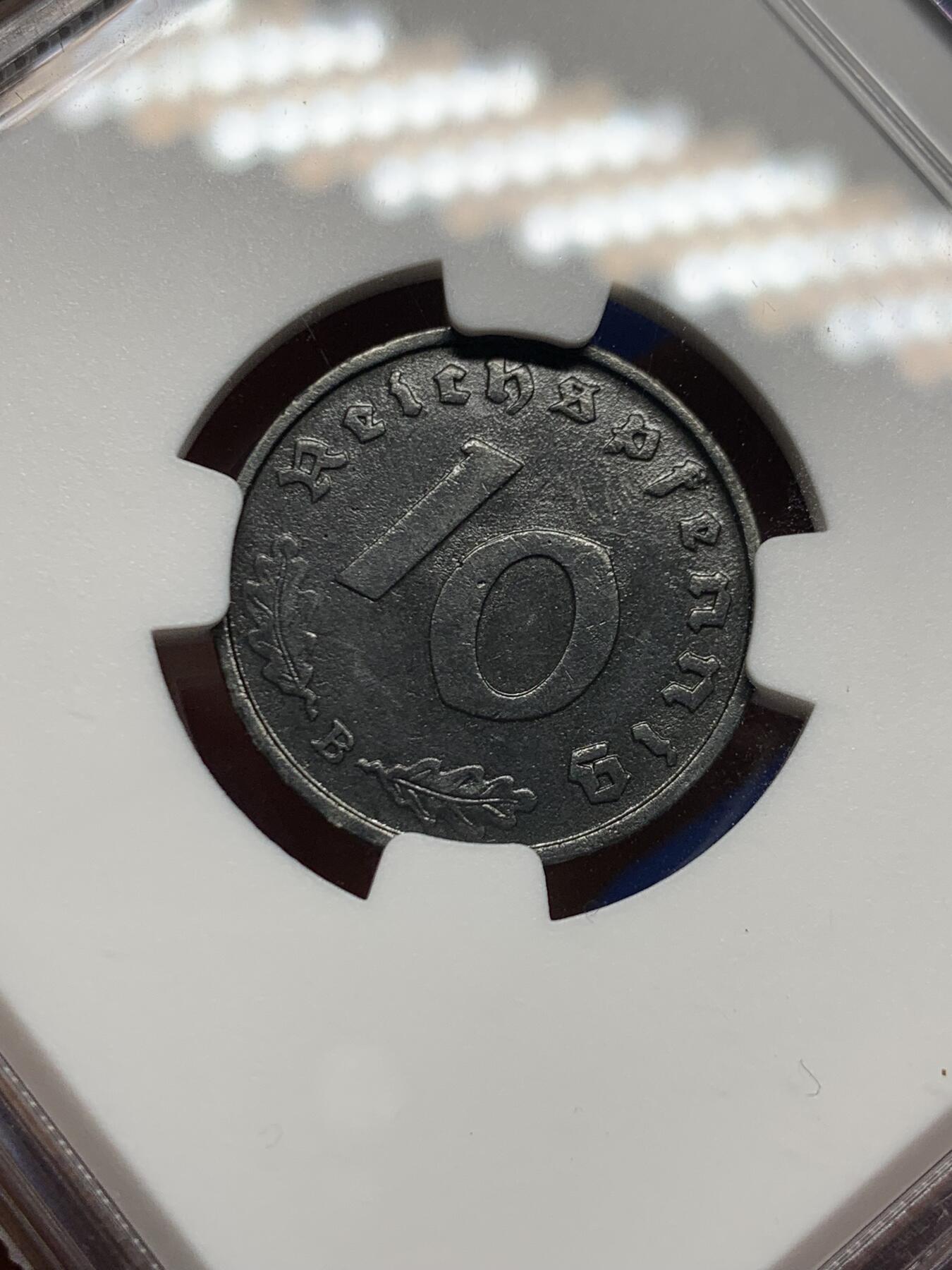 《竞宝斋》第474场 周日，周一 2场连拍 （全场包邮）欢迎送拍 NGC UNCD 德国二战1943年B厂10芬尼