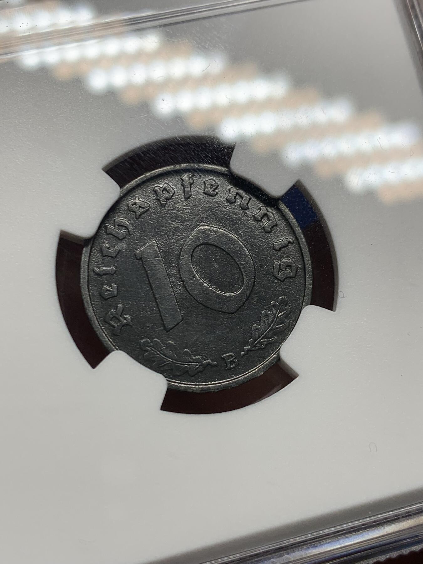 《竞宝斋》第474场 周日，周一 2场连拍 （全场包邮）欢迎送拍 NGC UNCD 德国二战1943年B厂10芬尼