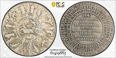 万国钱币拍卖第063期 - PCGS MS63 1940年奥地利（德占）维也纳民族社会主义工人党星座日历银章 炫技式十二黄宫星座栩栩如生 哥特体刻字极其精美 40MM 835银 帝国星座系列收藏级名品