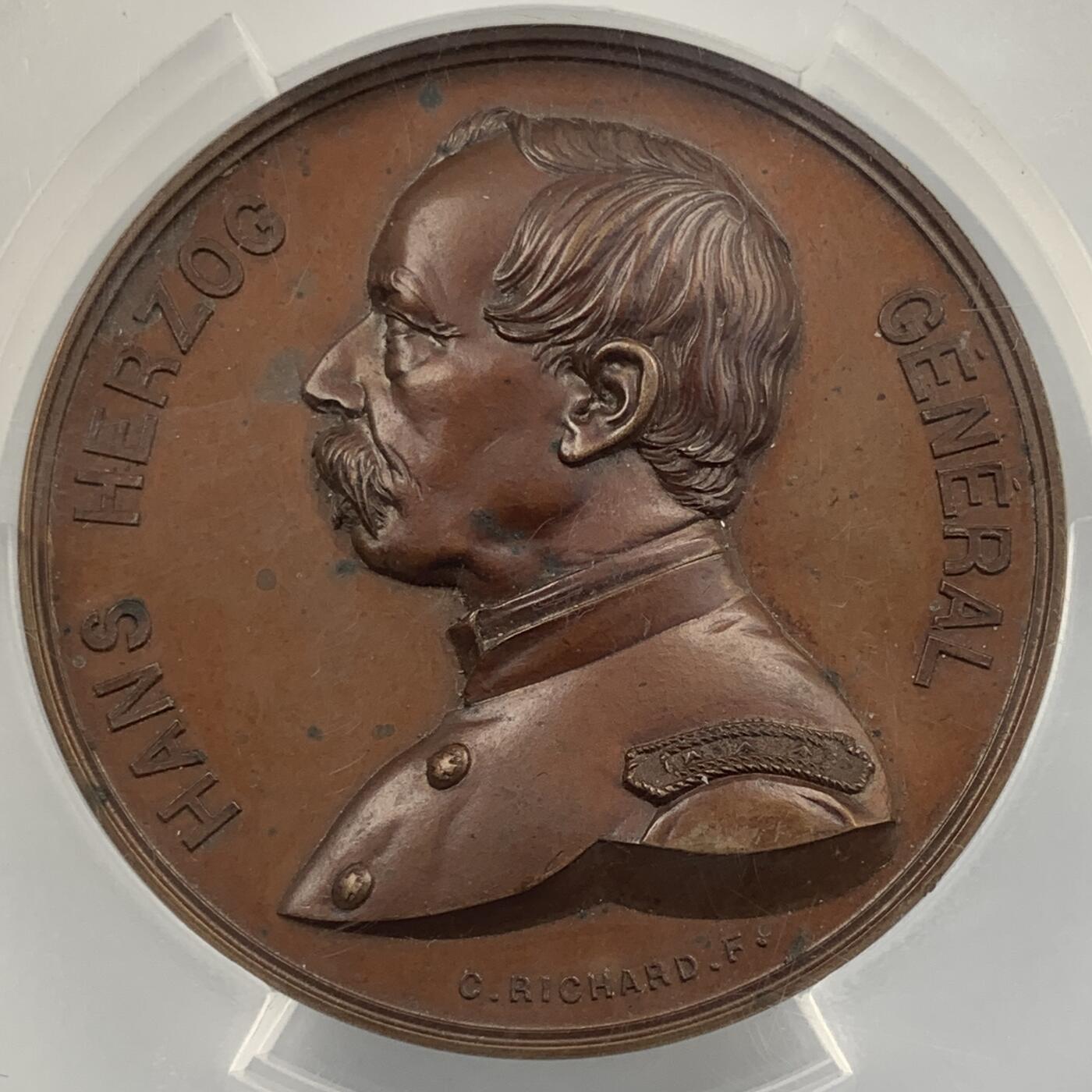 掌中浮雕-藏着的欧洲第056场 PCGS SP63 : 1871年瑞士联邦军在普法战争中保持中立，正面为汉斯·赫尔佐格将军头像 , 50mm