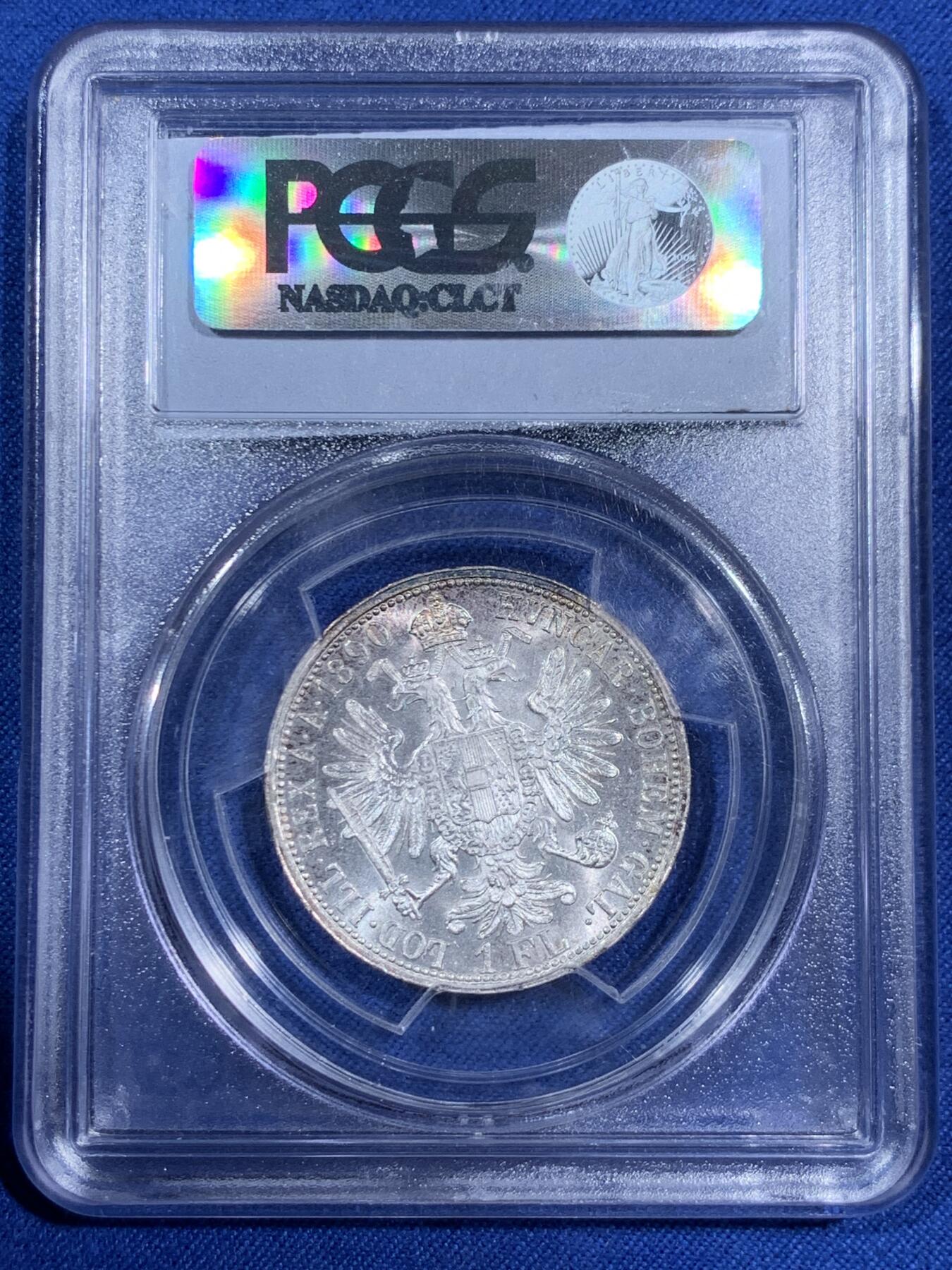 《竞宝斋》第474场 周日，周一 2场连拍 （全场包邮）欢迎送拍 PCGS MS63 奥匈帝国1890年弗朗茨二世1福林银币 老盒子严评，这个年份也不常见，整体状态极好