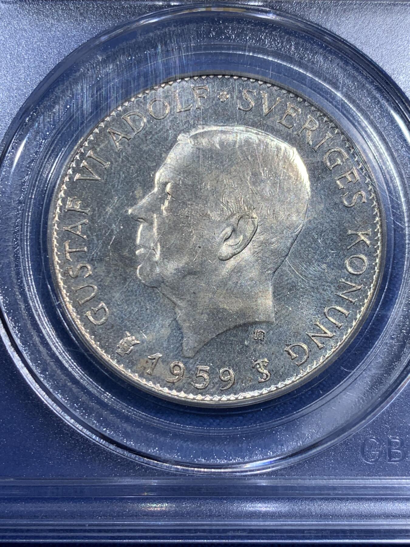 《竞宝斋》第474场 周日，周一 2场连拍 （全场包邮）欢迎送拍 公博 MS67 瑞典王国1959年宪法150周年5K银币