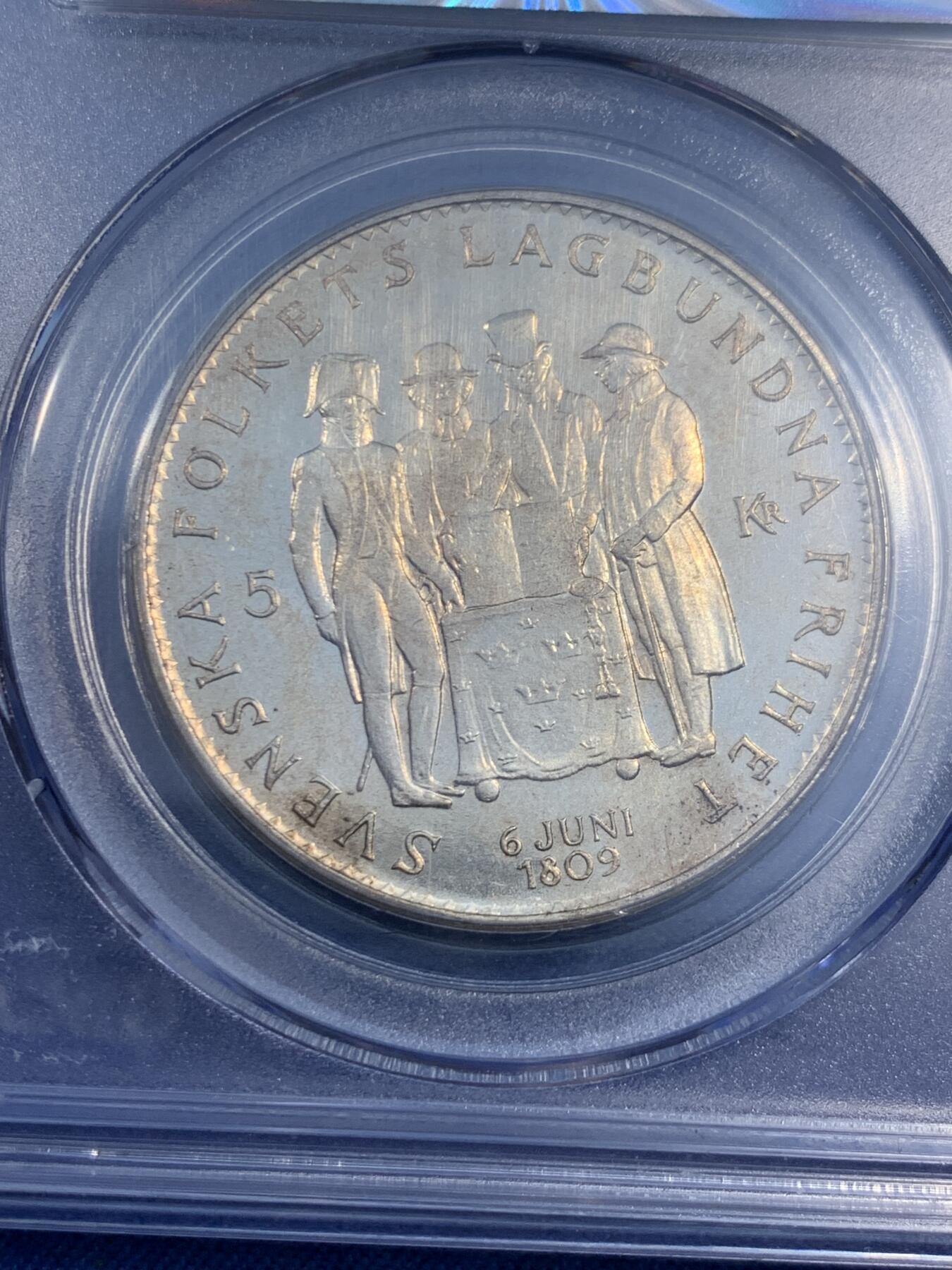 《竞宝斋》第474场 周日，周一 2场连拍 （全场包邮）欢迎送拍 公博 MS67 瑞典王国1959年宪法150周年5K银币