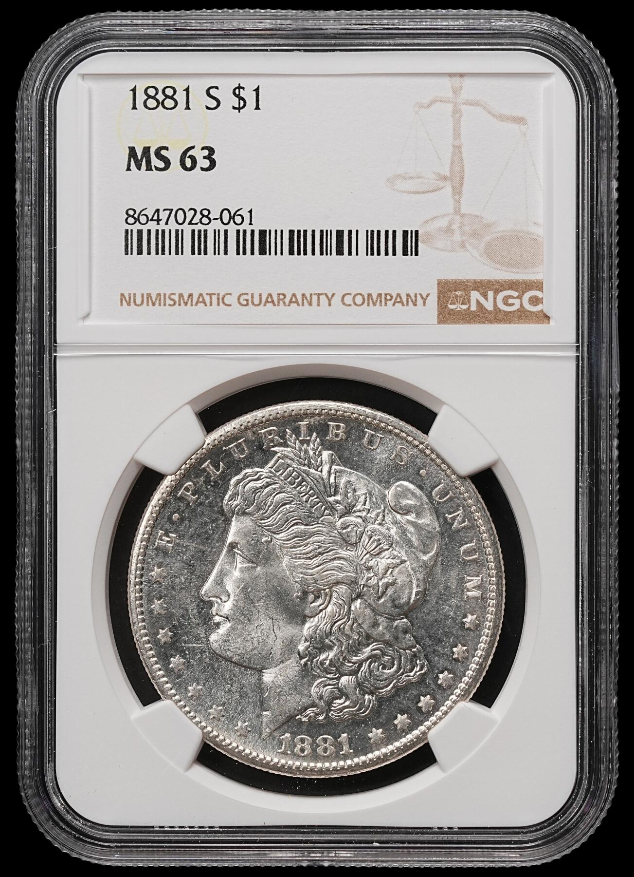 修遠堂世界钱币第109期 NGC MS63 1881年美国摩根大银币，S厂铭