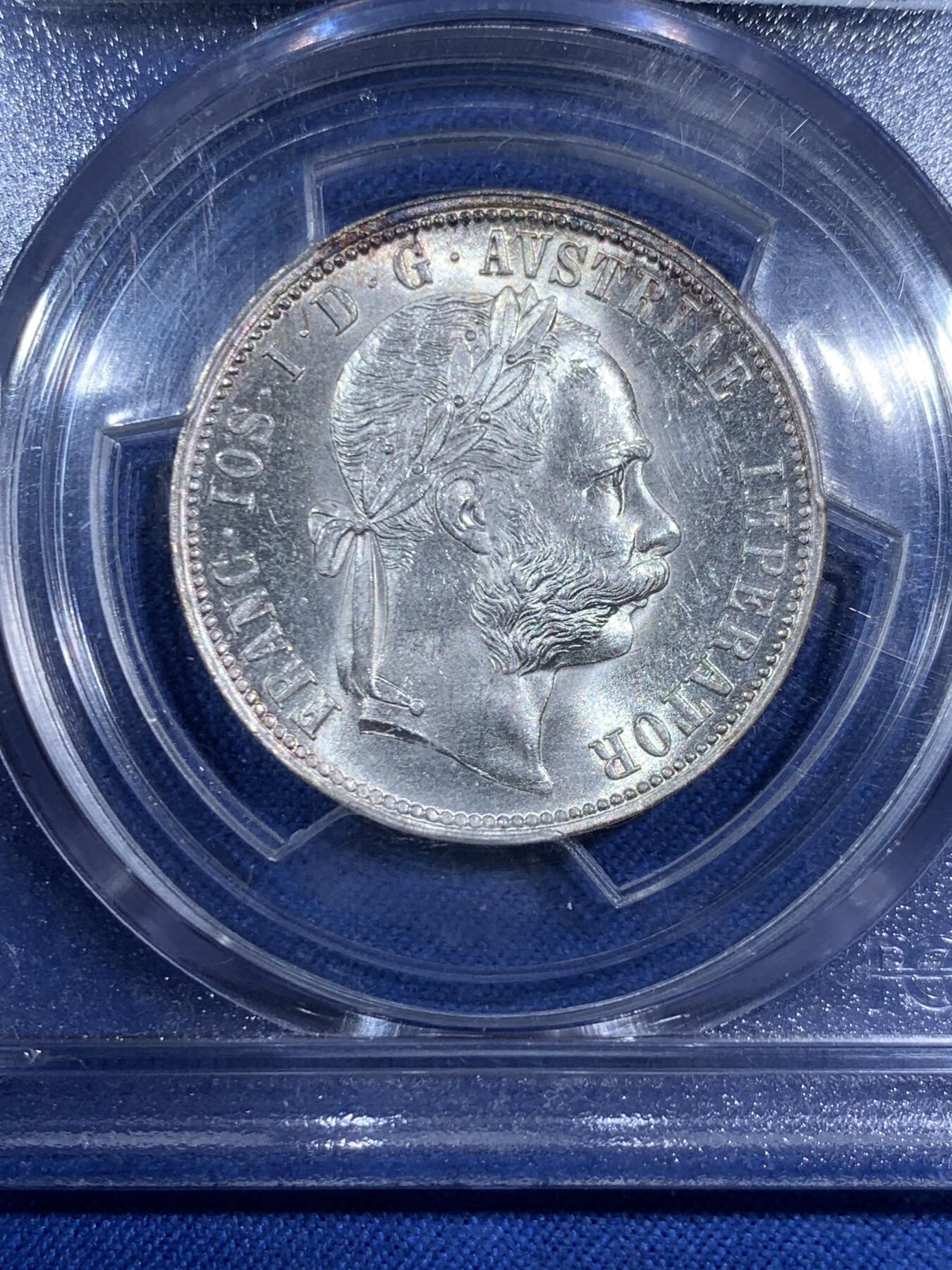 《竞宝斋》第474场 周日，周一 2场连拍 （全场包邮）欢迎送拍 PCGS MS63 奥匈帝国1890年弗朗茨二世1福林银币 老盒子严评，这个年份也不常见，整体状态极好