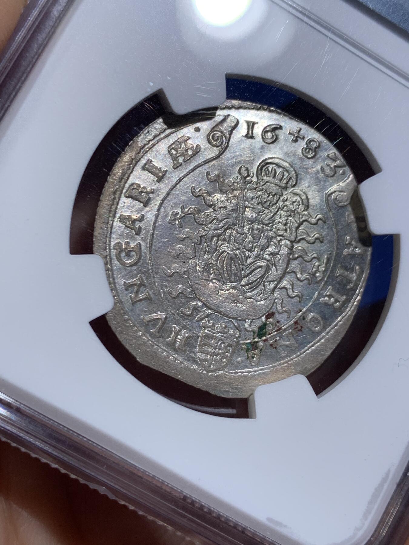 《竞宝斋》第474场 周日，周一 2场连拍 （全场包邮）欢迎送拍 NGC MS65 神圣罗马帝国1683年利奥波德一世15克鲁泽银币 无与伦比的光泽和顶尖分数，状态极佳，银霜满满，匈牙利厂圣母抱婴，亚军分，更高分仅1枚。