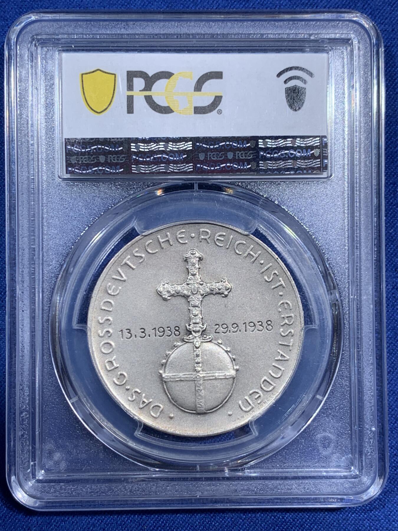 《竞宝斋》第474场 周日，周一 2场连拍 （全场包邮）欢迎送拍 PCGS SP65 德国第三帝国 1938年 元首吞并奥地利纪念银章 官网广告币 崭新出厂