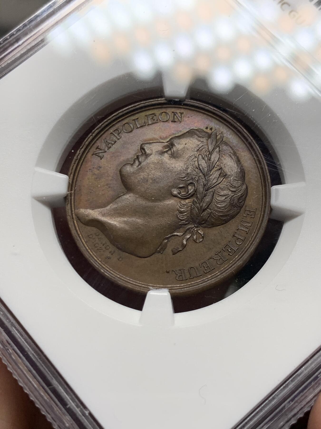 《竞宝斋》第474场 周日，周一 2场连拍 （全场包邮）欢迎送拍 NGC MS63BN 法国1804年拿破仑一世登基纪念章，少见款。