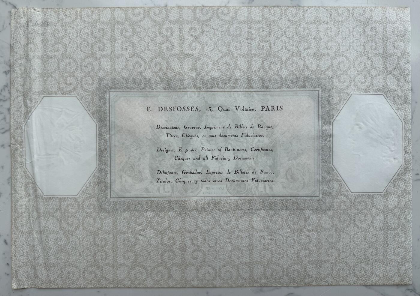 2026第5场（总第232期）：精品测试钞、外钞综合场 法国DES 1938年版“路易十四”广告宣传测试钞原版大尺寸含人像水印（右边不平整）