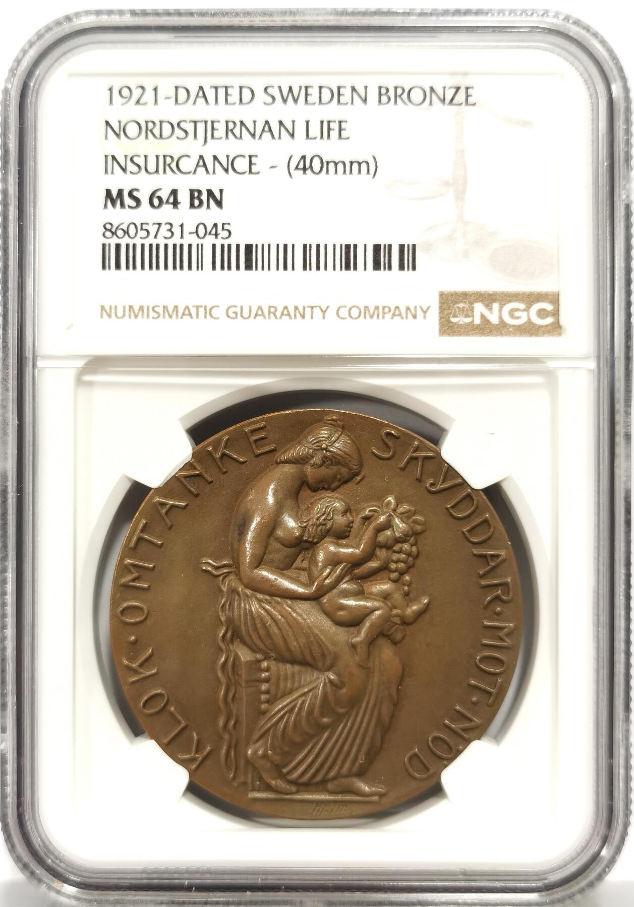 博洋堂“芳菲春韵”3月精品大拍专场暨第166期（全场包邮） NGC MS64BN 瑞典1921年北极星人寿保险公司成立50周年纪念铜章，40mm