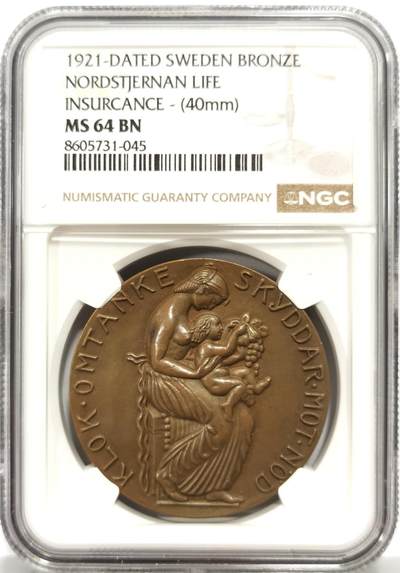 博洋堂“芳菲春韵”3月精品大拍专场暨第166期（全场包邮） - NGC MS64BN 瑞典1921年北极星人寿保险公司成立50周年纪念铜章，40mm
