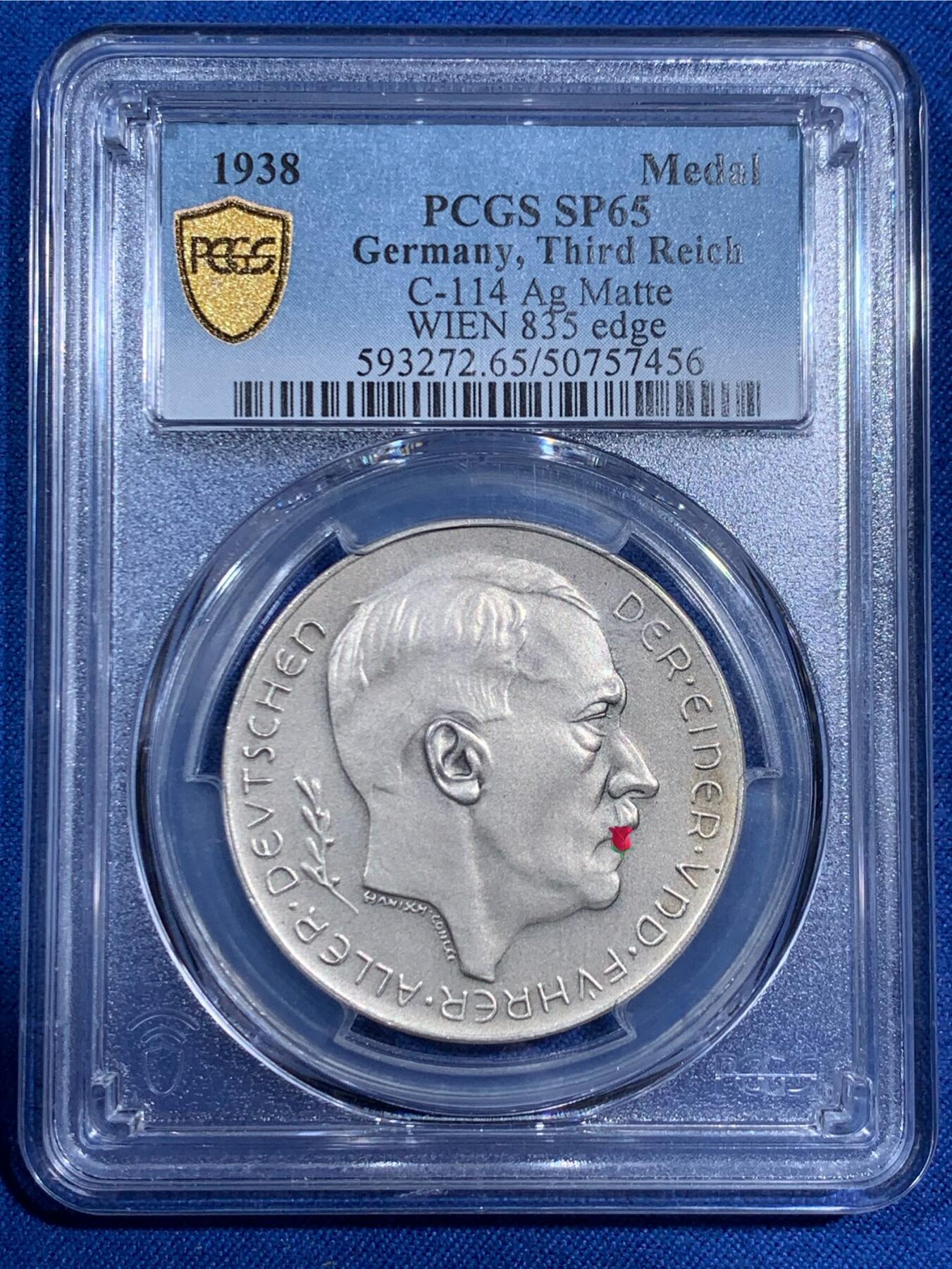 《竞宝斋》第474场 周日，周一 2场连拍 （全场包邮）欢迎送拍 PCGS SP65 德国第三帝国 1938年 元首吞并奥地利纪念银章 官网广告币 崭新出厂