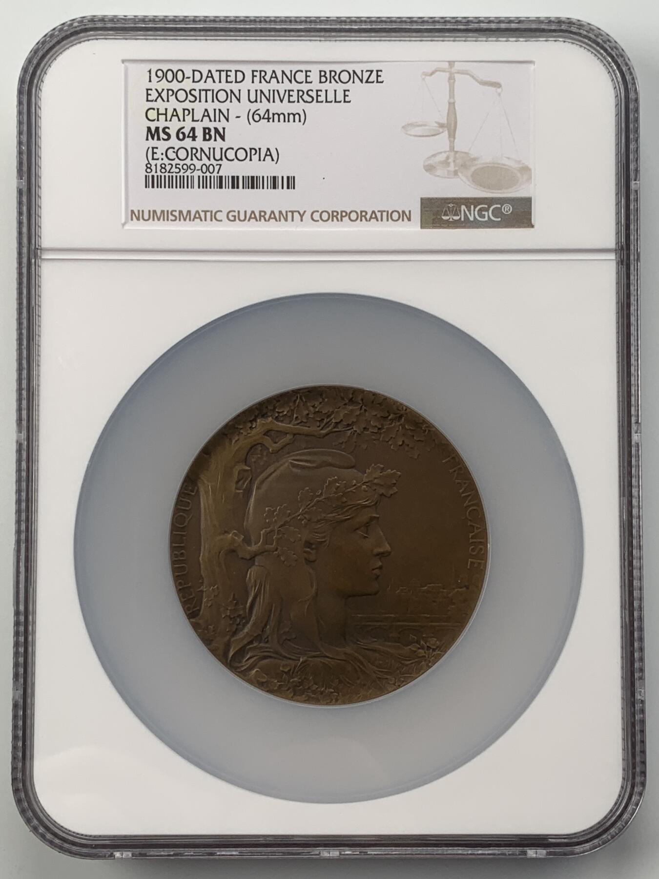 掌中浮雕-藏着的欧洲第056场 NGC MS64 : 1900年法国巴黎世博会铜章，64mm