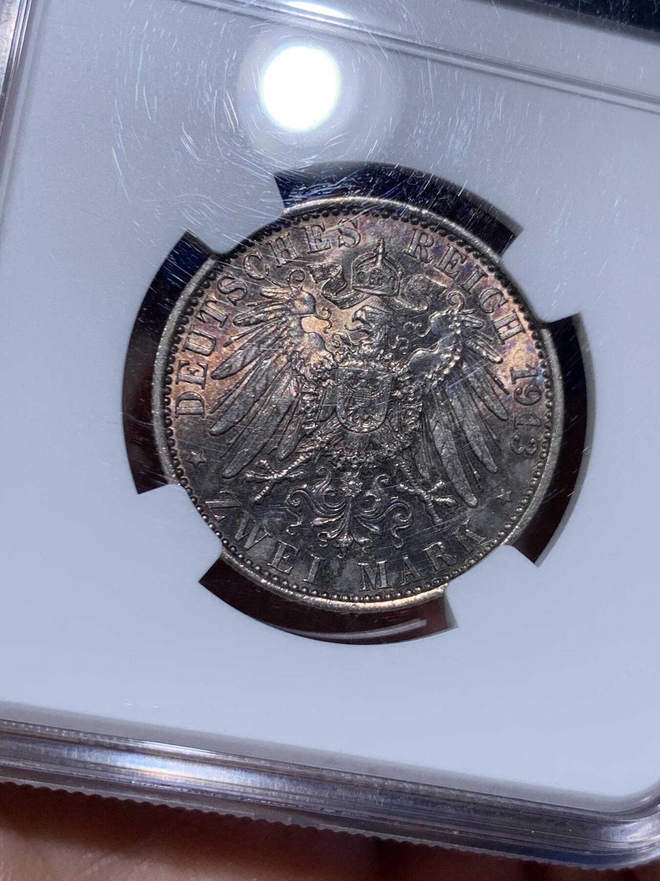 《竞宝斋》第474场 周日，周一 2场连拍 （全场包邮）欢迎送拍 NGC MS64 德国1913年普鲁士威廉二世执政25周年纪念2马克银币 高分