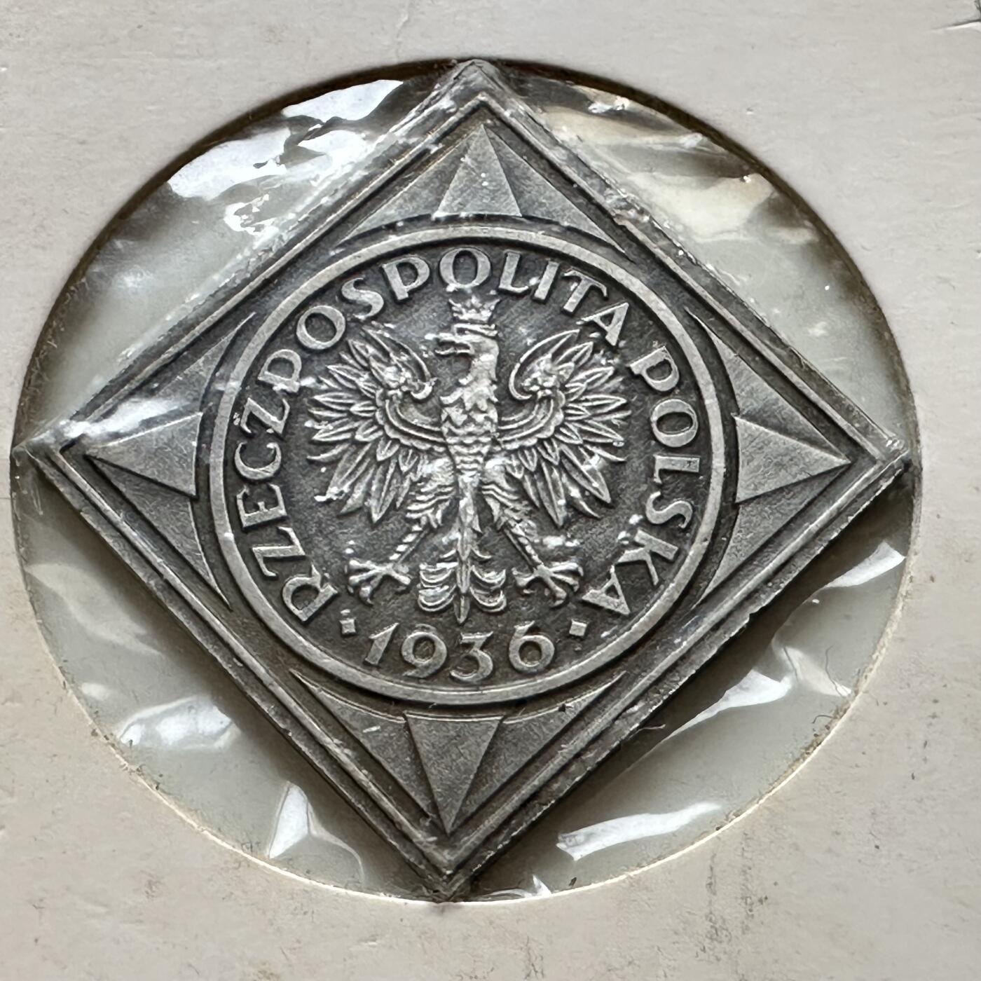 🌹外币初藏🌹🐯2026年第34场   每周二四六晚8️⃣点 接代拍 波兰 1936年 5兹罗提 格丁尼亚港 后铸菱形纪念章 34毫米