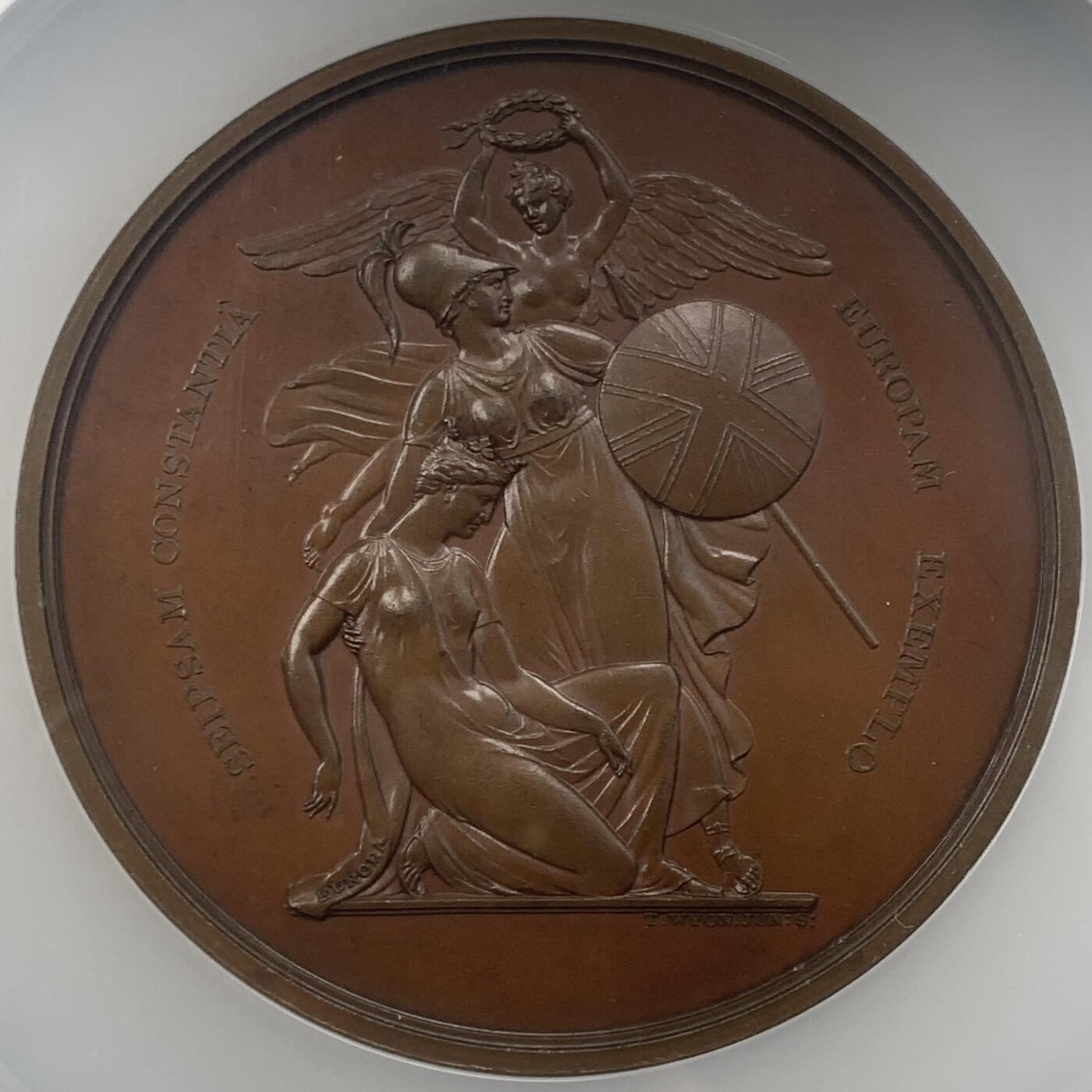 掌中浮雕-藏着的欧洲第056场 NGC MS63 ：1814年巴黎条约铜章， 69mm，J Barber and T Wyon作品，正面为当时摄政未来的乔治四世