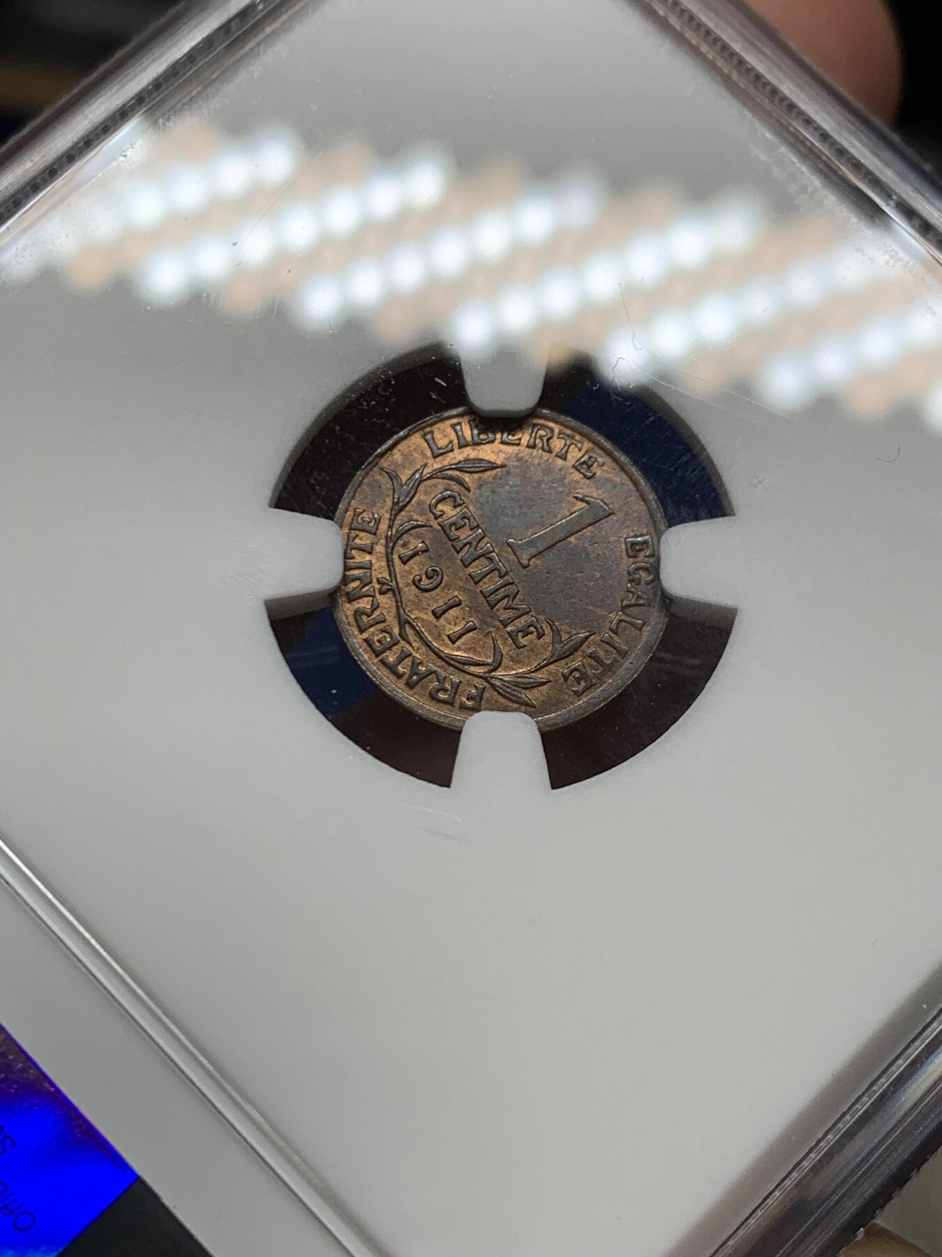 《竞宝斋》第474场 周日，周一 2场连拍 （全场包邮）欢迎送拍 NGC MS64RB 法国1911年1分铜币 经典女神图案 冠军分