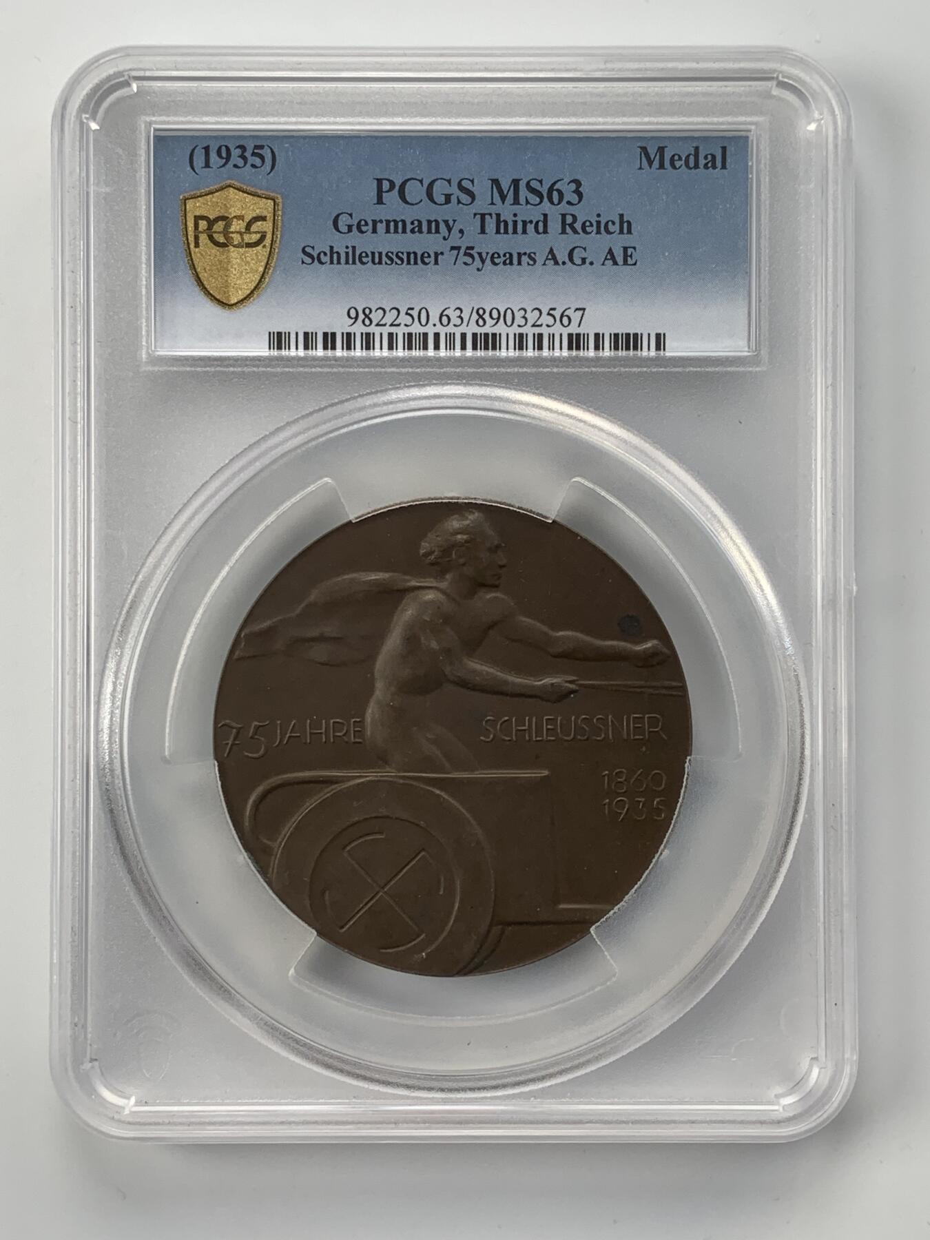 掌中浮雕-藏着的欧洲第056场 PCGS MS63 : 1935年德国金属制品公司Schleussner成立75周年纪念铜章，60mm，该公司以铜器、奖章制造闻名。
