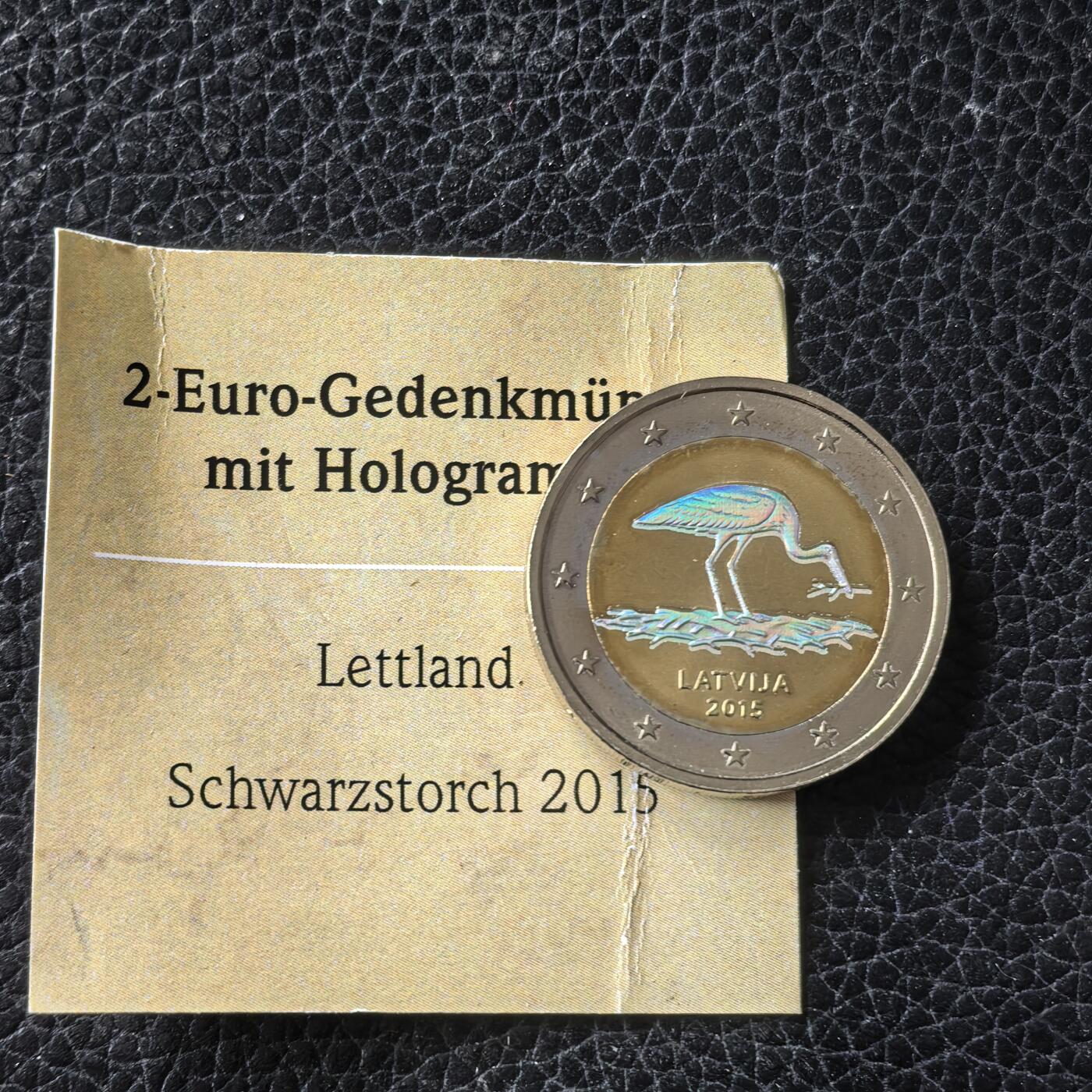 道一币馆币章第一百七十一场 带证书 拉脱维亚2015年黑鹳保护计划十周年2欧元纪念币 特殊幻彩镀层
