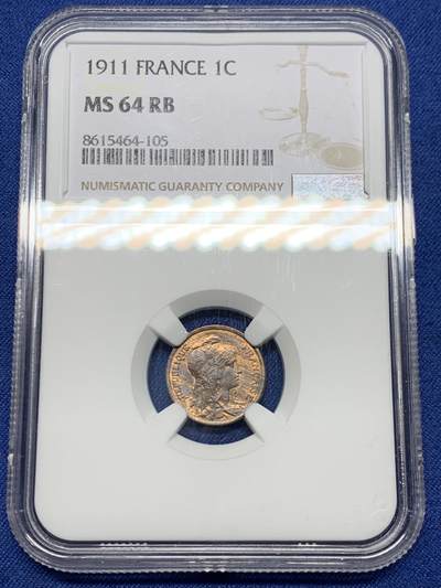 《竞宝斋》第474场 周日，周一 2场连拍 （全场包邮）欢迎送拍 - NGC MS64RB 法国1911年1分铜币 经典女神图案 冠军分