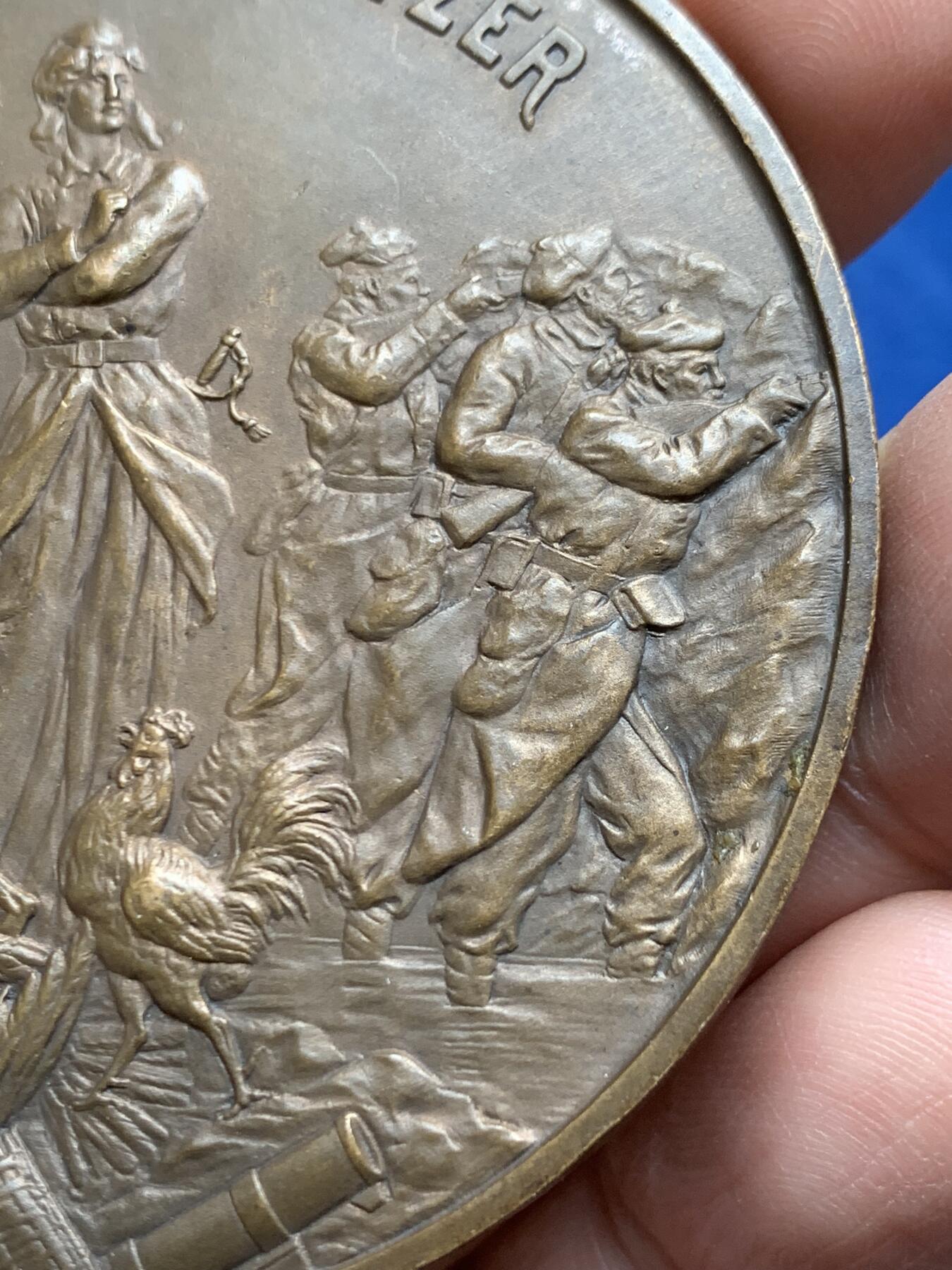 《竞宝斋》第474场 周日，周一 2场连拍 （全场包邮）欢迎送拍 1914年法国铜章 伊瑟河战役 比利时与法国联军水淹德军 142.1克 67.5mm 丰饶角铜标