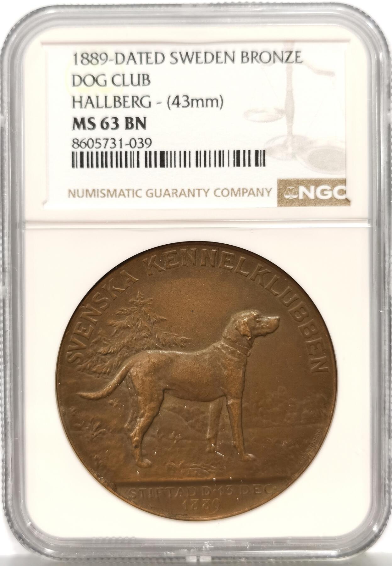 博洋堂“芳菲春韵”3月精品大拍专场暨第166期（全场包邮） NGC MS63BN 瑞典1889年养犬俱乐部纪念铜章，43mm