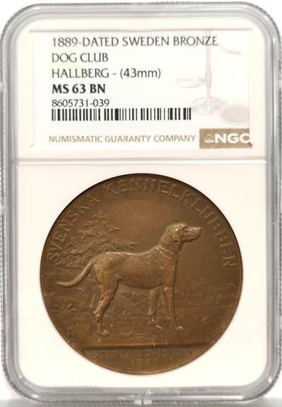 博洋堂“芳菲春韵”3月精品大拍专场暨第166期（全场包邮） - NGC MS63BN 瑞典1889年养犬俱乐部纪念铜章，43mm