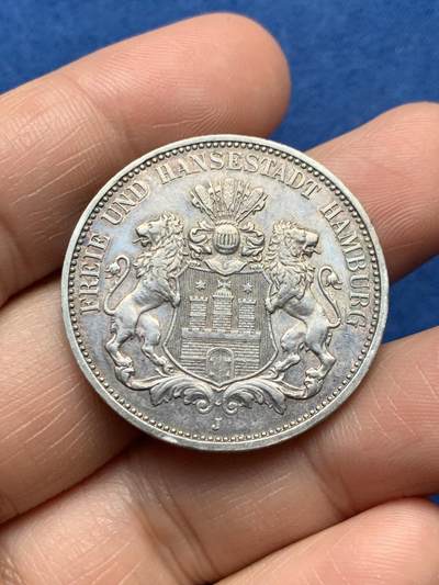 《竞宝斋》第474场 周日，周一 2场连拍 （全场包邮）欢迎送拍 - 德国 1911年 汉堡双狮 3马克 银币 ，淡包浆带底光