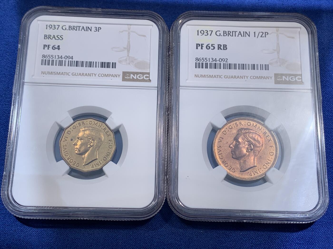 《竞宝斋》第474场 周日，周一 2场连拍 （全场包邮）欢迎送拍 11枚一组 含7枚银币 NGC PF62-65 英国1937年乔六首年1/4P-1克朗精制币