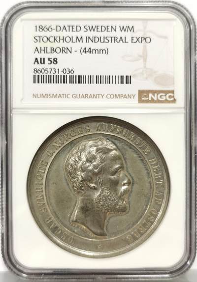 博洋堂“芳菲春韵”3月精品大拍专场暨第166期（全场包邮） - NGC AU58 瑞典1866年斯德哥尔摩工业博览会白金属纪念章，正面为瑞典-挪威联合王国国王奥斯卡二世，44mm