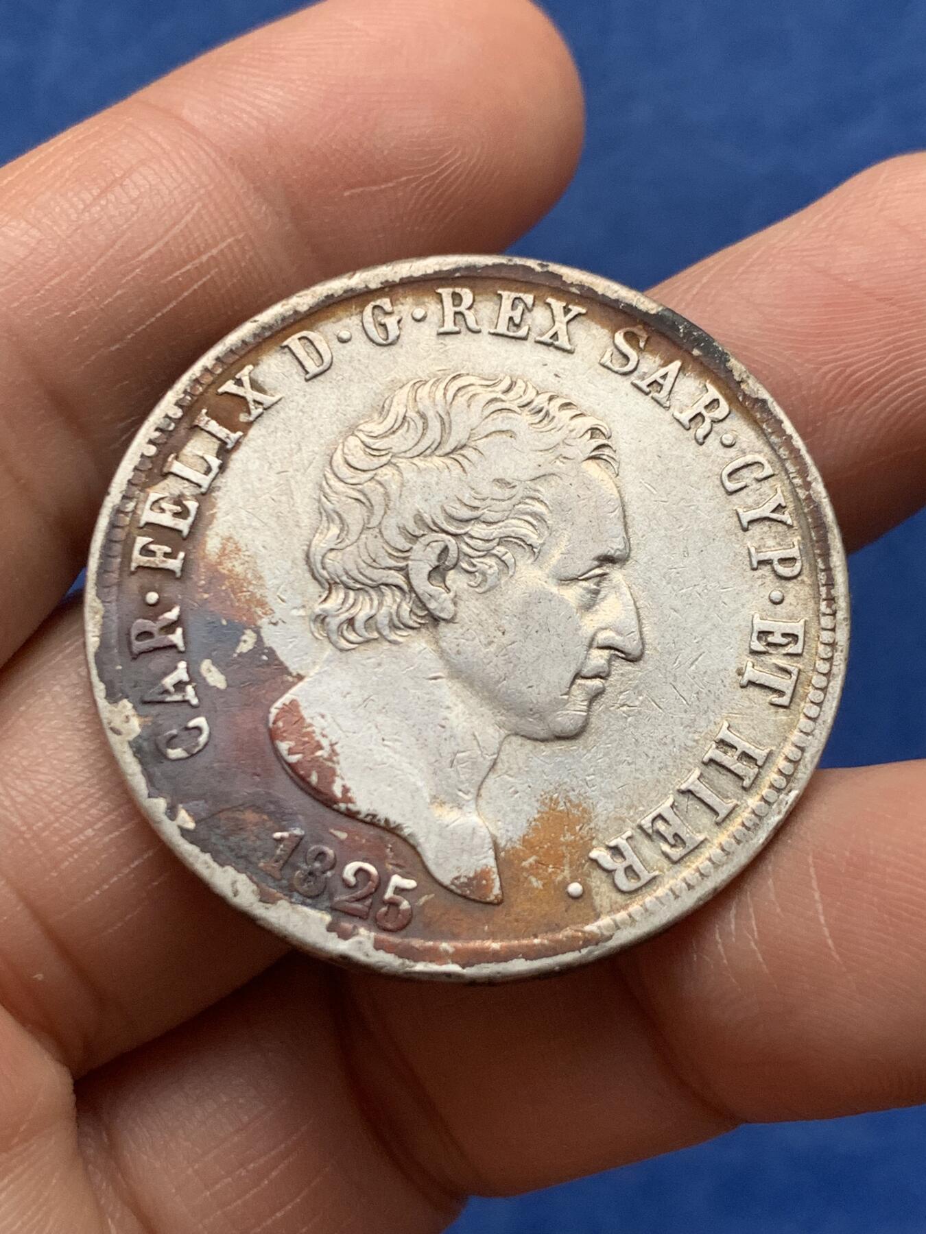 《竞宝斋》第474场 周日，周一 2场连拍 （全场包邮）欢迎送拍 意大利1825年撒丁王国5里拉大银币