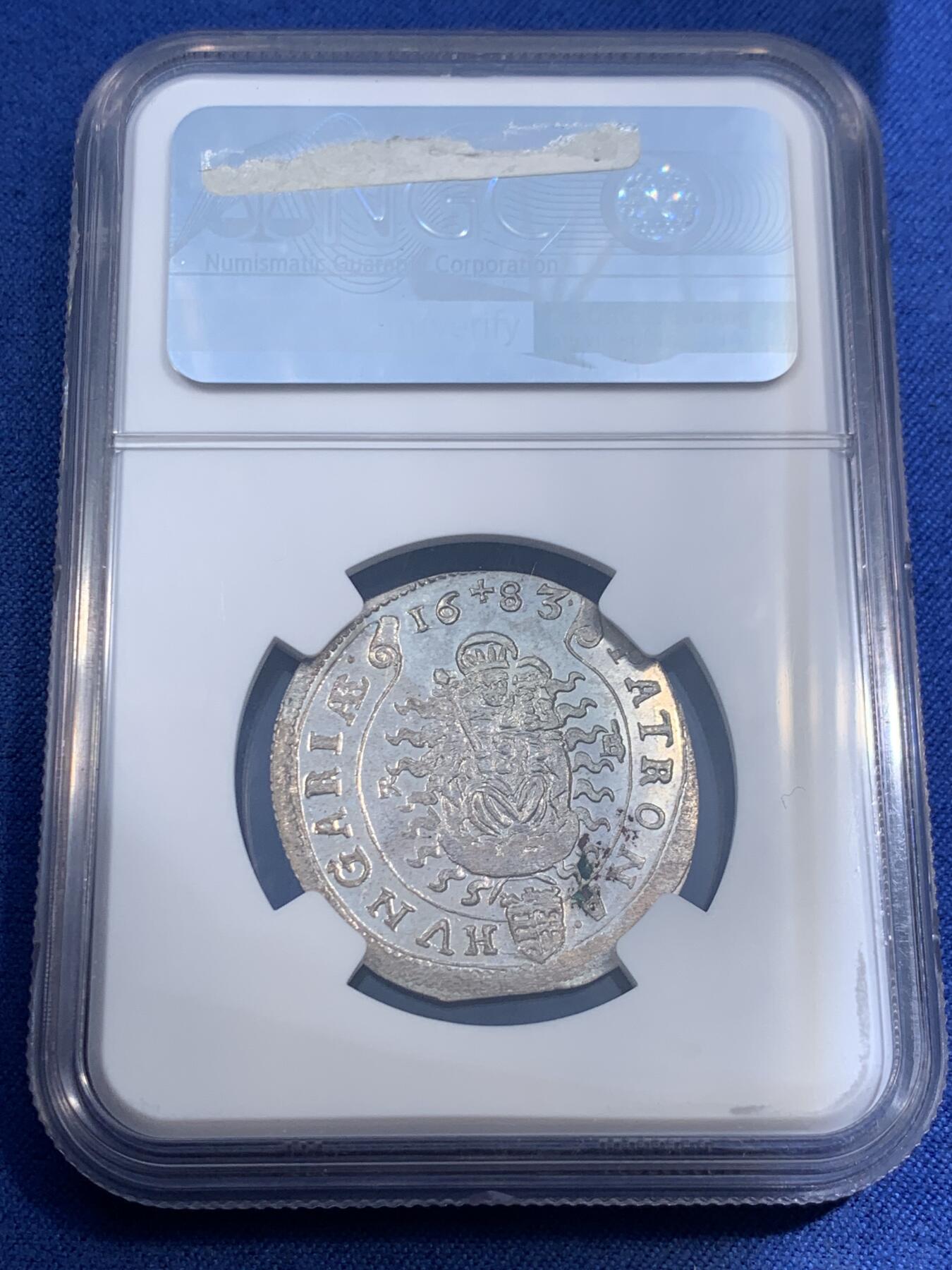 《竞宝斋》第474场 周日，周一 2场连拍 （全场包邮）欢迎送拍 NGC MS65 神圣罗马帝国1683年利奥波德一世15克鲁泽银币 无与伦比的光泽和顶尖分数，状态极佳，银霜满满，匈牙利厂圣母抱婴，亚军分，更高分仅1枚。