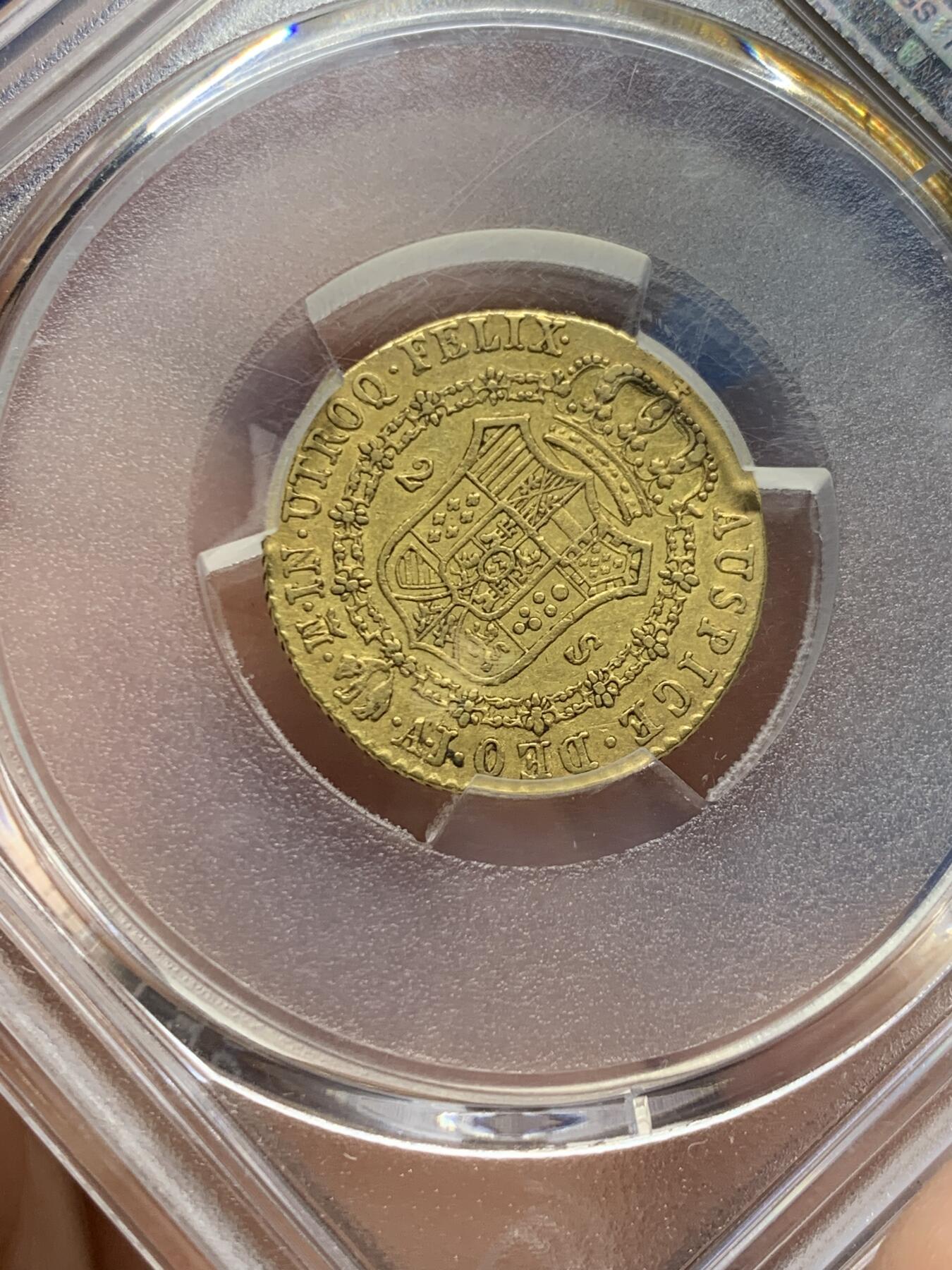 《竞宝斋》第474场 周日，周一 2场连拍 （全场包邮）欢迎送拍 PCGS AU50 唯一冠军分，salton旧藏，1828年，费尔南多七世，西班牙本土 马德里铸，875金，6.7克，2埃斯库多金币