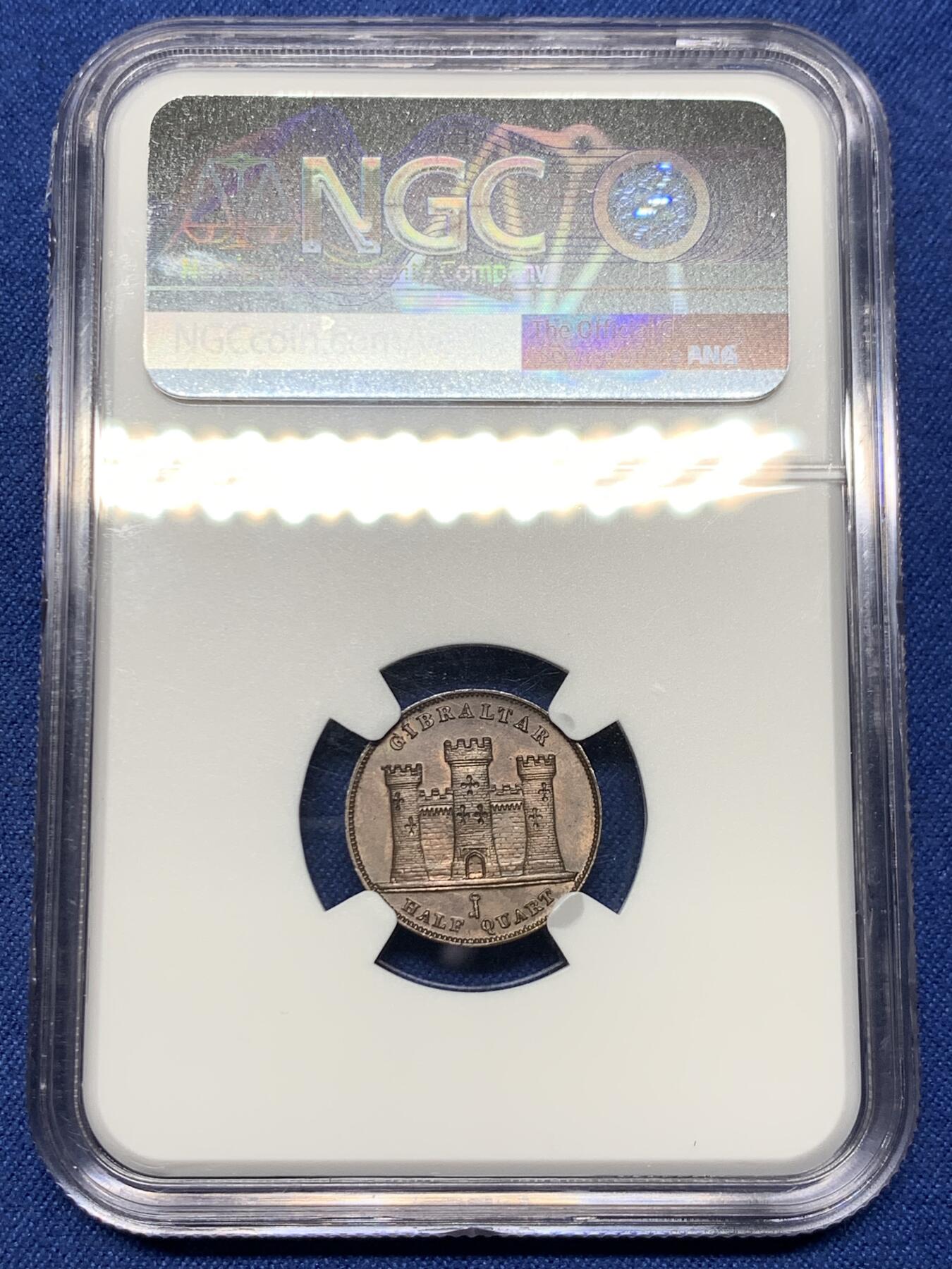 《竞宝斋》第474场 周日，周一 2场连拍 （全场包邮）欢迎送拍 亚军分 NGC  MS63BN 直布罗陀 1842 小维 1/2QUART铜币 稀见品种