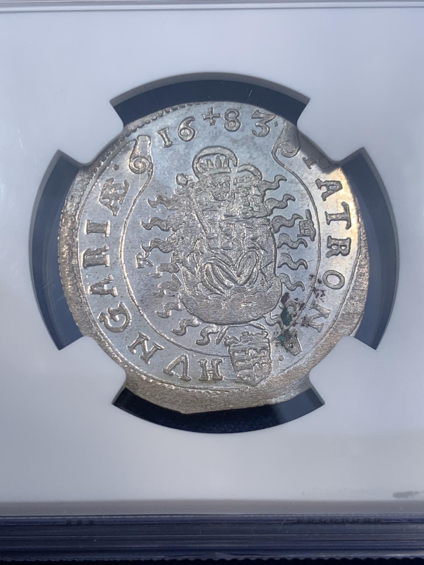 《竞宝斋》第474场 周日，周一 2场连拍 （全场包邮）欢迎送拍 NGC MS65 神圣罗马帝国1683年利奥波德一世15克鲁泽银币 无与伦比的光泽和顶尖分数，状态极佳，银霜满满，匈牙利厂圣母抱婴，亚军分，更高分仅1枚。