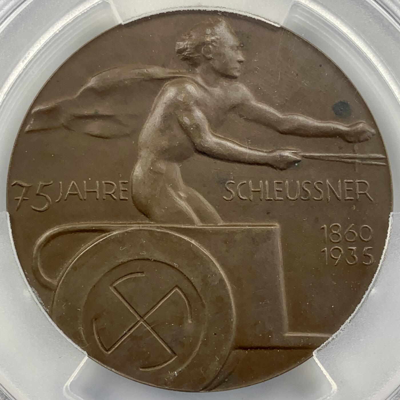 掌中浮雕-藏着的欧洲第056场 PCGS MS63 : 1935年德国金属制品公司Schleussner成立75周年纪念铜章，60mm，该公司以铜器、奖章制造闻名。