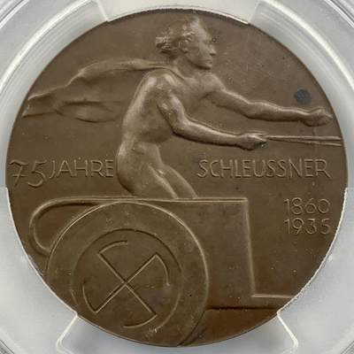 掌中浮雕-藏着的欧洲第056场 - PCGS MS63 : 1935年德国金属制品公司Schleussner成立75周年纪念铜章，60mm，该公司以铜器、奖章制造闻名。